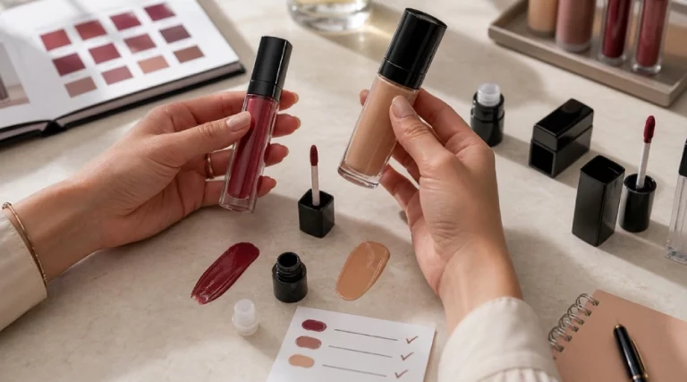 Hands comparing unbranded lip color and foundation packaging beside applicators, components, swatches, and an inspection card