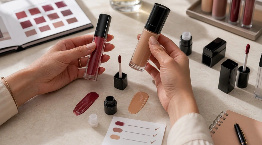 Hands comparing unbranded lip color and foundation packaging beside applicators, components, swatches, and an inspection card