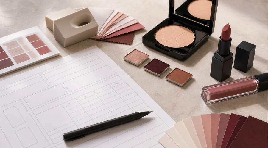 Unbranded color cosmetics, shade swatches, packaging component, and structured product brief sheets on a development worktable