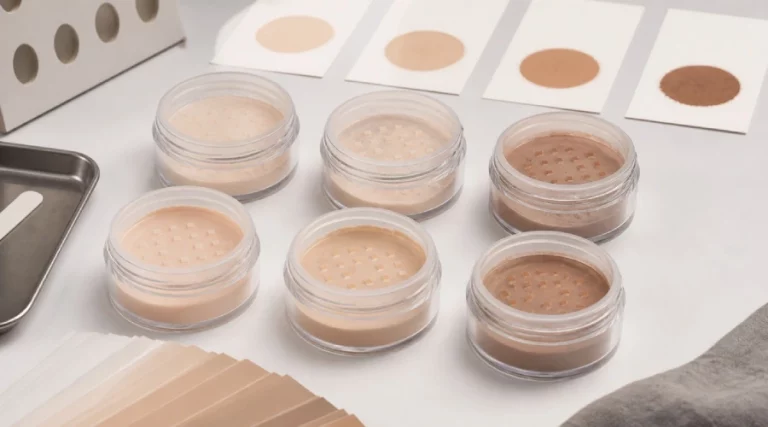Six loose setting powder jars with neutral shade swatches arranged for color consistency review