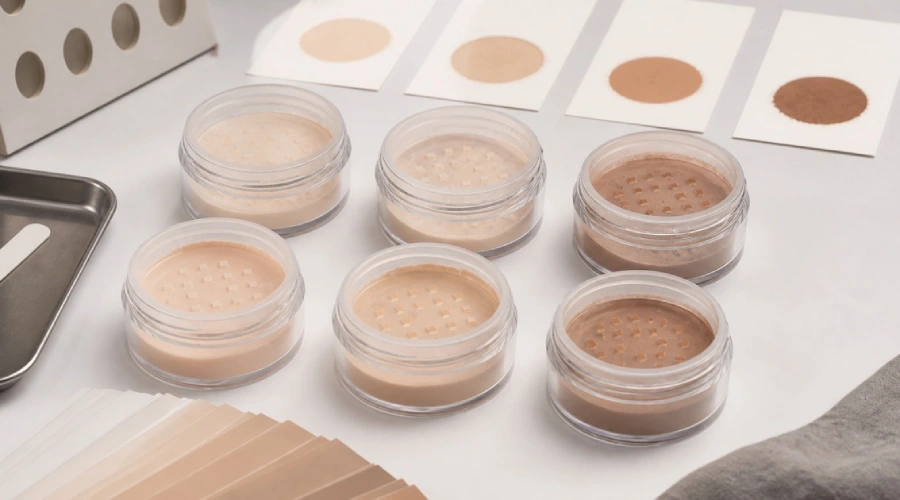 Six loose setting powder jars with neutral shade swatches arranged for color consistency review