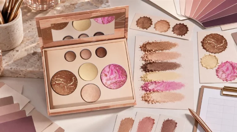 White-label multi-pan makeup palette beside organized powder swatches and color reference cards