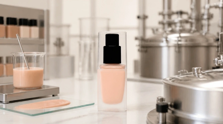 Liquid foundation bottle between a lab sample and stainless production vessels during cosmetic formula scale-up
