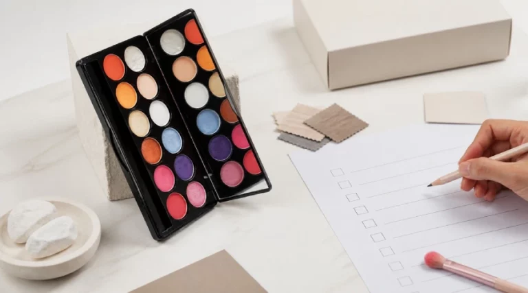 Open 12-color eyeshadow palette beside a blank sample approval checklist held by a reviewer