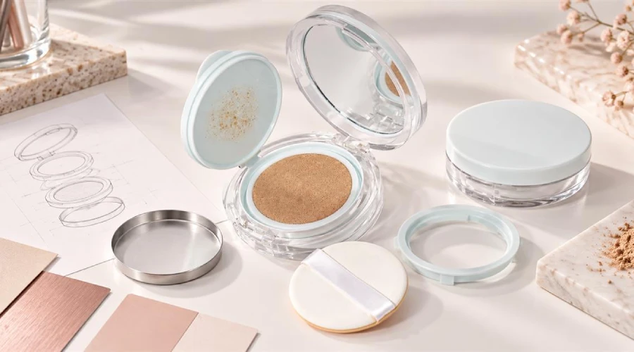 White-label powder compact displayed with a separate metal pan, insert ring, mirror, puff, and component drawing