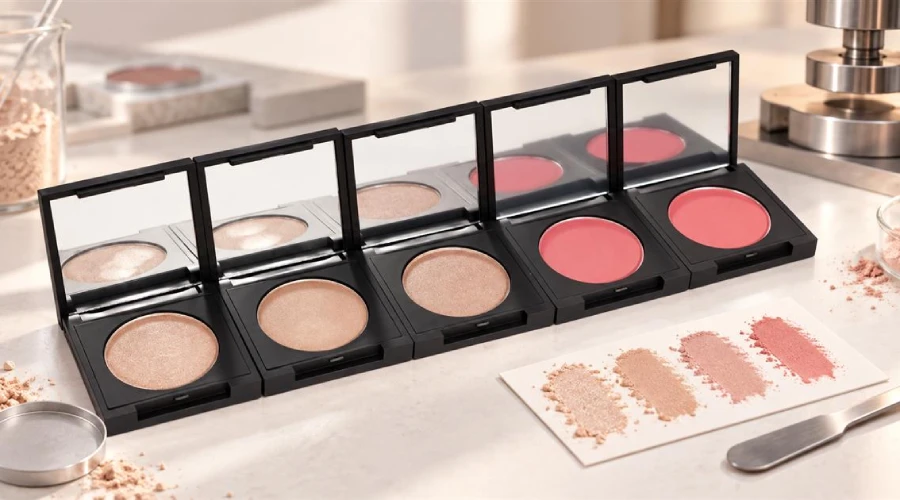 Open white-label pressed powder compacts with powder swatches and a laboratory pressing tool